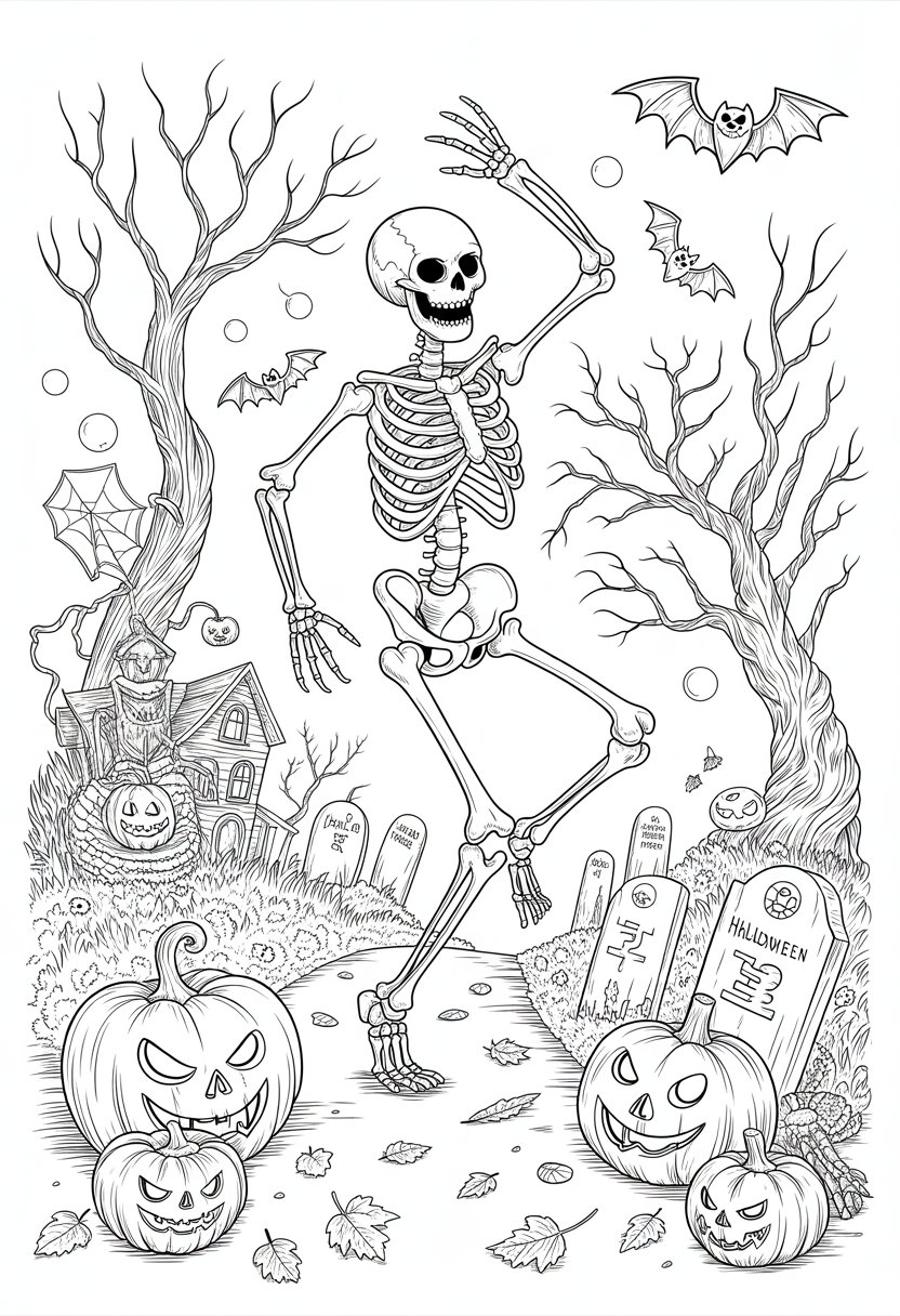 Halloween Coloring Pages Printable Featuring Classic Icons and Spooky Fun for All Ages 21 A skeleton dancing among pumpkins, bats, barren trees, and tombstones in a Halloween scene.